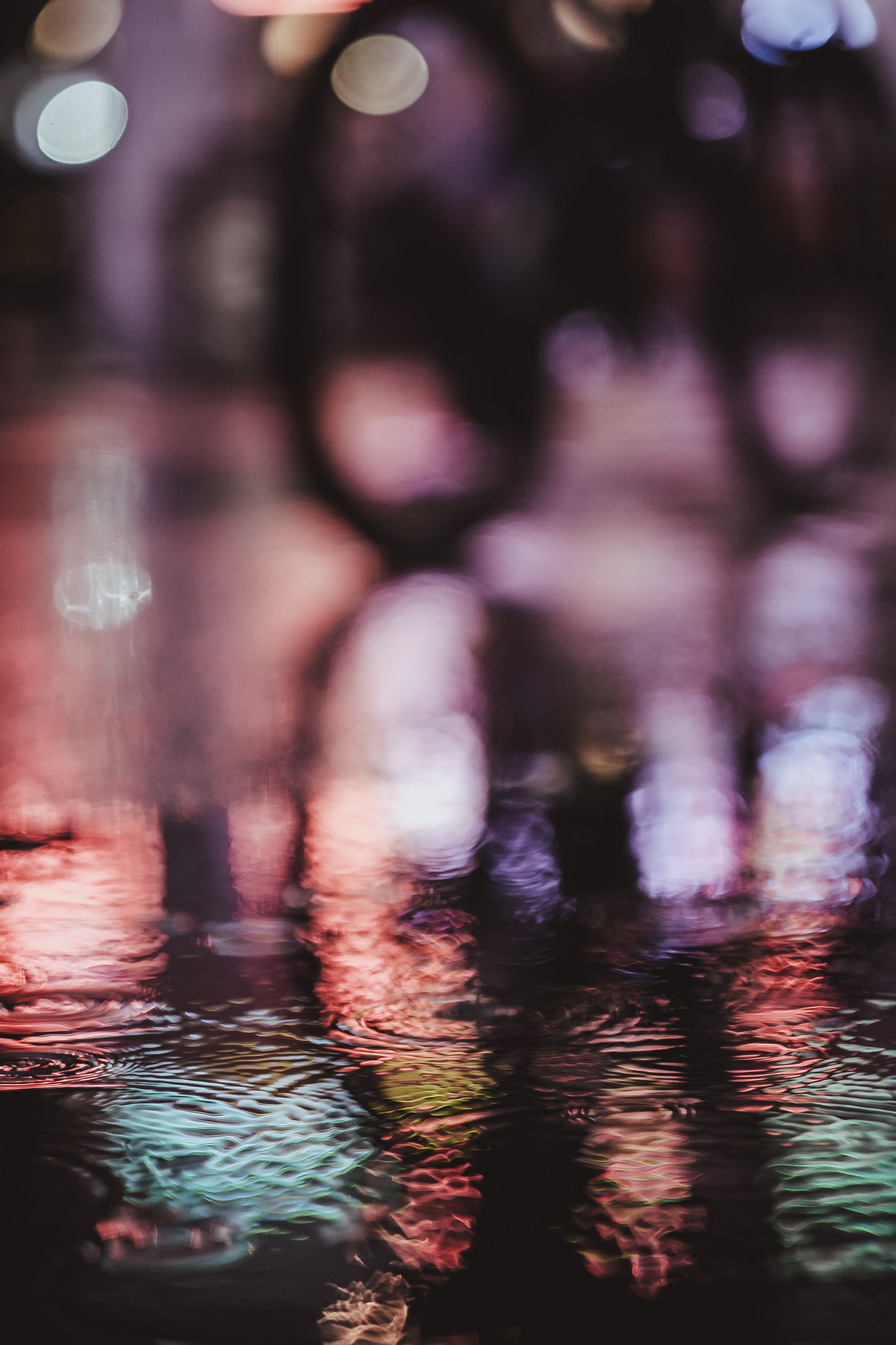 Rainy Night View in Street with City Lights